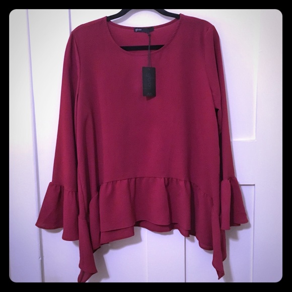 Gibson Tops - Gibson Red Bell Sleeve Ruffle Trim Top (NWT)